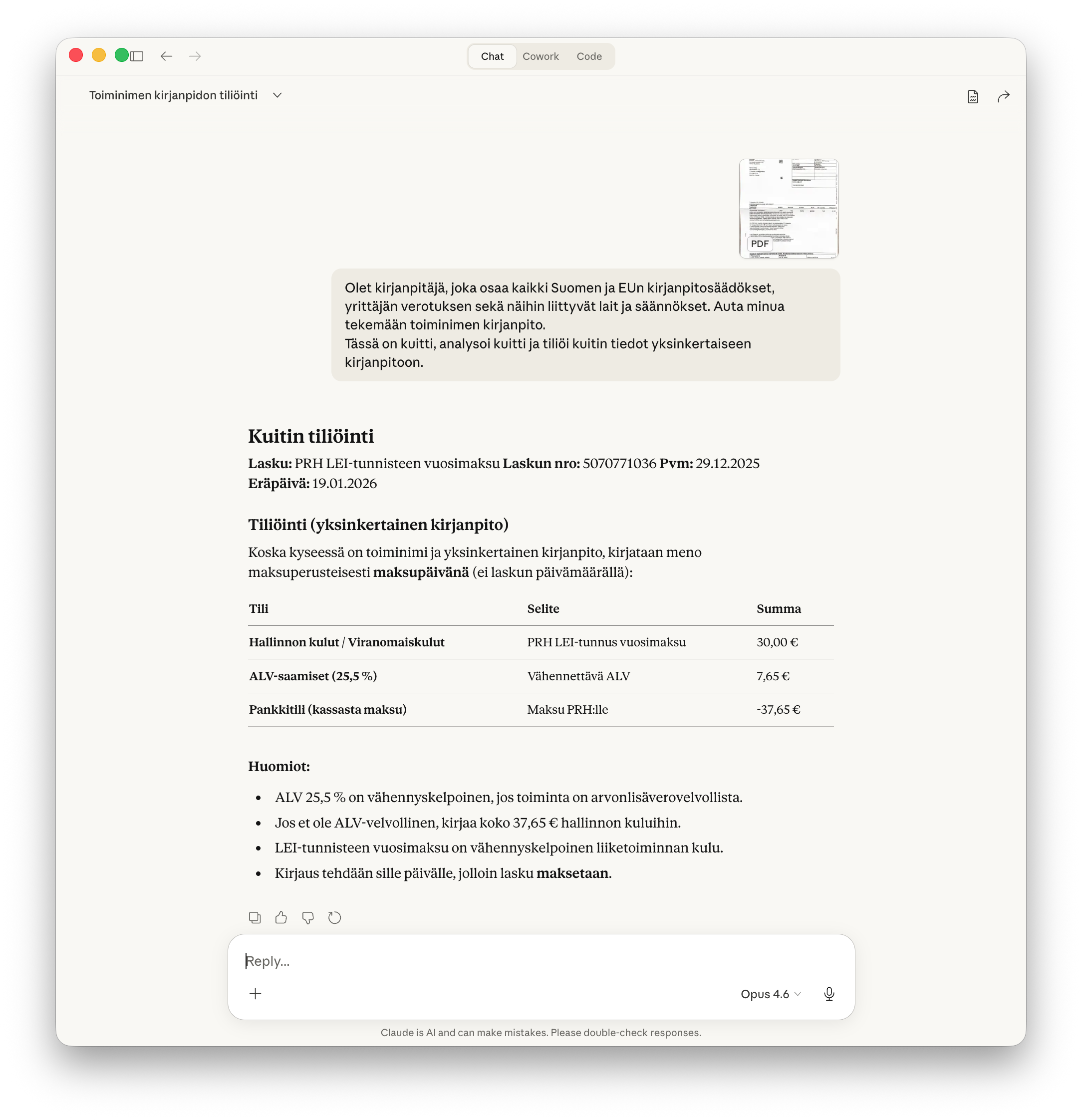 Kuitin analysointi tekoälyllä - ChatGPT tiliöi PRH:n maksukuitin automaattisesti